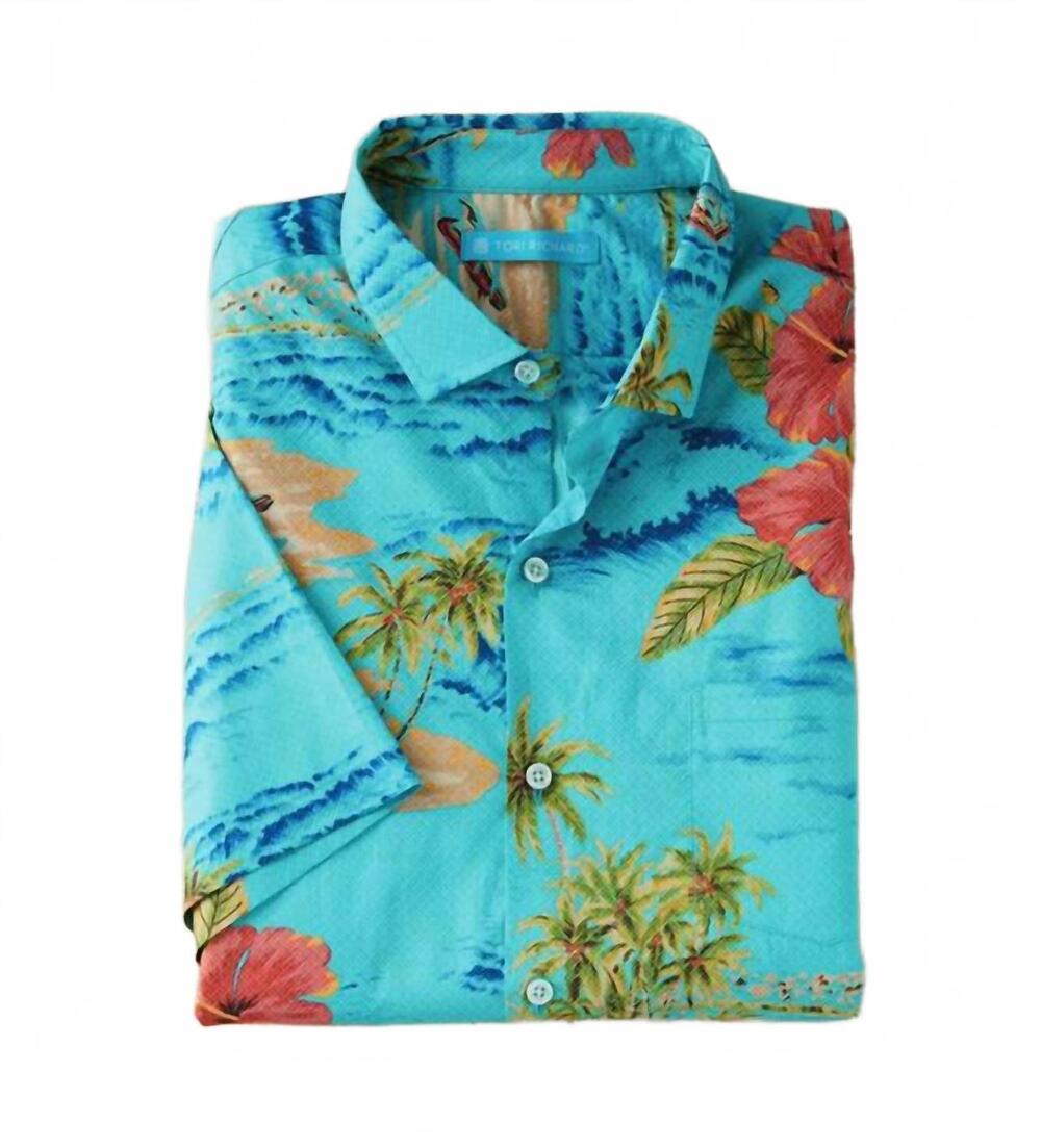 NEW TORI RICHARD men's sea crossing lawn camp short sleeve shirt - plus in aqua